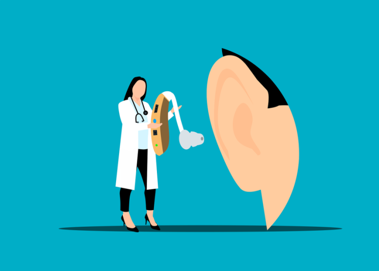 Over ons Infographic met de voordelen van een hoortoestel: stress reductie, betere concentratie, communicatie en gezondheid