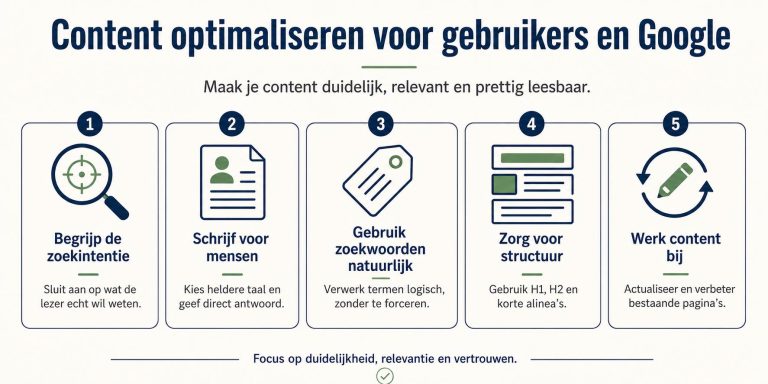 Infographic met stappen voor content optimaliseren: zoekintentie, duidelijke koppen, waardevolle informatie en gebruikservari